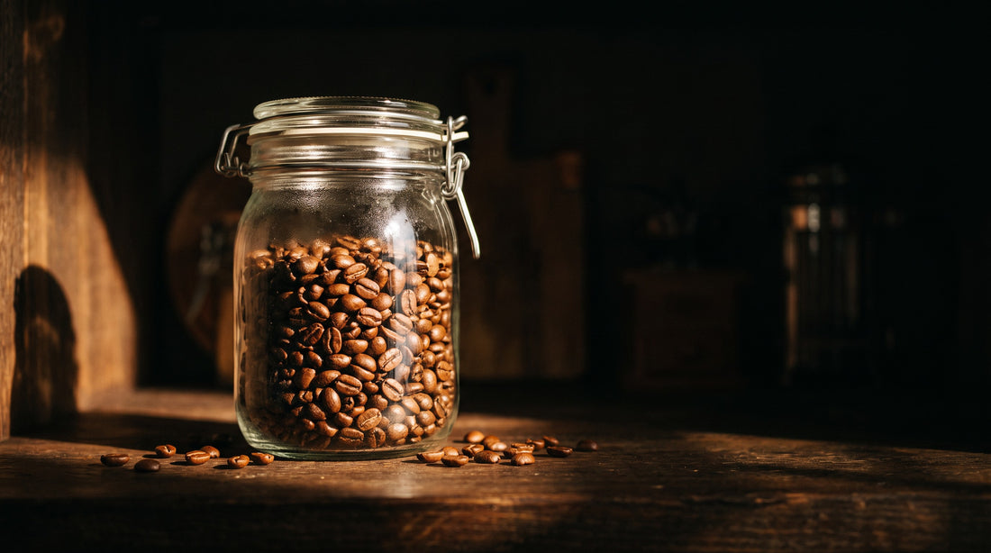 Frasco hermético de vidrio con granos de café guardado en una repisa