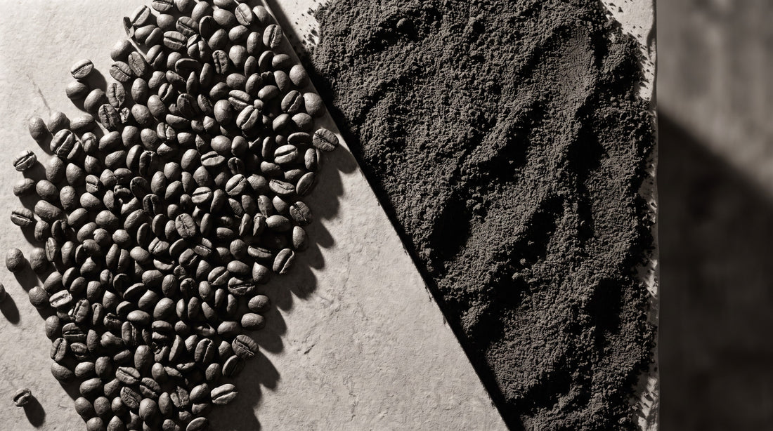 Granos de café enteros y café molido comparados lado a lado