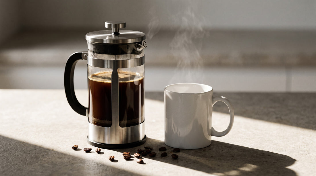 Prensa francesa con café recién preparado junto a una taza y granos de café